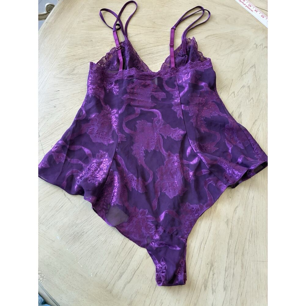 VTG Victoria’s Secret Gold Label Purple Sheer Floral Burnout Teddy Bodysuit S - Picture 16 of 16